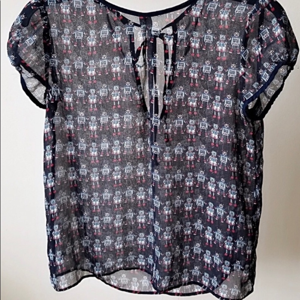 Zara Navy Sheer Robot Print Short Sleeve Blouse